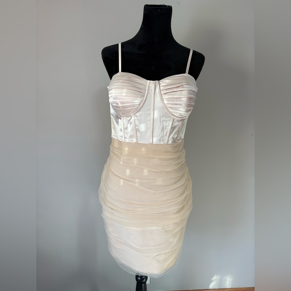 VENUS Overlay Bandage Mini Dress - Biscotti spaghetti strap bodycon.